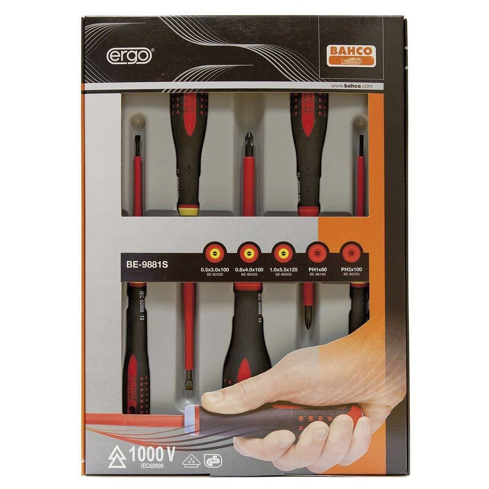 Bahco BE-9881S ERGO 5 Piece 1000V VDE Insulated Slotted & Phillips Screwdriver Set 3 Bahco BE-9881S ERGO 5 Piece 1000V VDE Insulated Slotted & Phillips Screwdriver Set