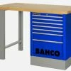 Bahco 1495KH8BLWB15TW Heavy Duty Low Height Wooden Top Workbench With 8 Drawer Blue Cabinet 1500mm Long -Screwdriver And Bits Shop 1495KHWB15TW blue 1