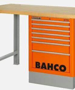 Bahco 1495KH8WB15TW Heavy Duty Low Height Wooden Top Workbench With 8 Drawer Orange Cabinet 1500mm Long
