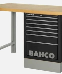 Bahco 1495KH8BKWB18TW Heavy Duty Low Height Wooden Top Workbench With 8 Drawer Black Cabinet 1800mm Long