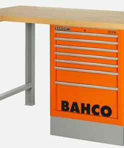 Bahco 1495KH8WB18TW Heavy Duty Low Height Wooden Top Workbench With 8 Drawer Orange Cabinet 1800mm Long
