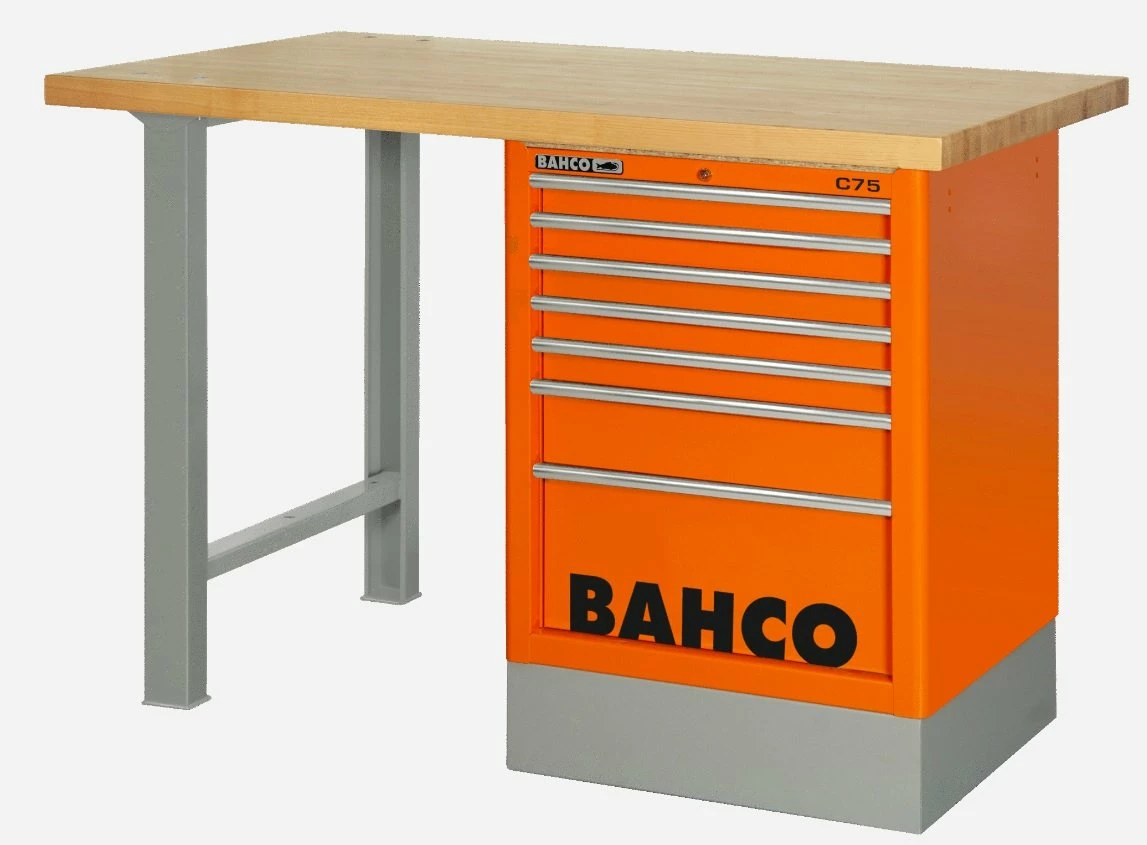 Bahco 1495KH8WB18TW Heavy Duty Low Height Wooden Top Workbench With 8 Drawer Orange Cabinet 1800mm Long 3 Bahco 1495KH8WB18TW Heavy Duty Low Height Wooden Top Workbench With 8 Drawer Orange Cabinet 1800mm Long