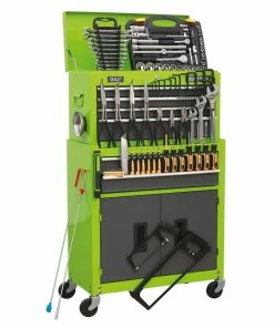 Sealey AP2200COMBOHV Topchest &amp; Rollcab Combination 6 Drawer Ball-Bearing Slides - Hi-Vis Green/Grey &amp; 128pc Tool Kit