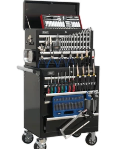Sealey APCOMBOBBTK56 Topchest &amp; Rollcab Combination 10 Drawer With Ball Bearing Slides - Black With 147pc Tool Kit