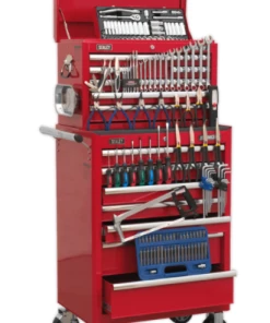Sealey APCOMBOBBTK57 Topchest &amp; Rollcab Combination 15 Drawer With Ball Bearing Slides - Red &amp; 147pc Tool Kit