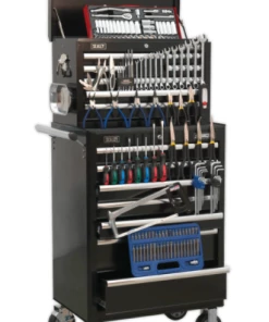 Sealey APCOMBOBBTK58 Topchest &amp; Rollcab Combination 15 Drawer With Ball Bearing Slides - Black &amp; 147pc Tool Kit