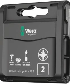 Wera 057763 Bit Box 15 Impaktor Screwdriver Bits PZ2 X 25mm Pack Of 15